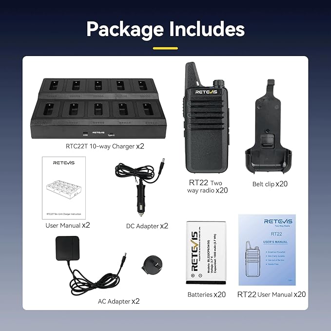 Retevis RT22 Walkie Talkies for Adults(20 Pack),Rechargeable 2 Way Radio Long Range,with 2 Pack 10 Way Gang Charger,Charging Efficiently,Hands-Free Portable Walkie Talkie for School Hotel Restaurant