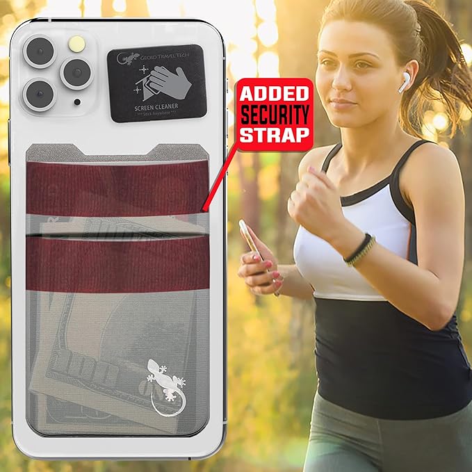 Gecko Travel Tech Double Pocket - Adhesive Card Holder - Cell Phone Pouch - Stick on Spandex Pocket - Carry Credit Cards and Cash - Gray-White