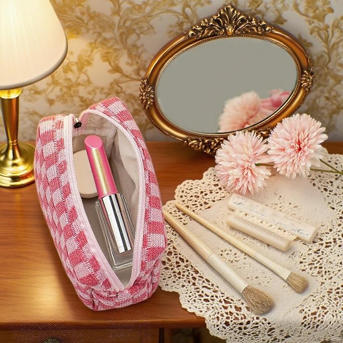 48 PACK Checkered Makeup Bag- Bulk Bridesmaid Proposal Gifts Makeup Pouch for Wedding Party Favors Bachelorette Party Decorations Toiletry Organizer Bag Cosmetic Case Gift (Pink)