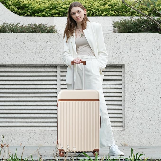 Merax 3 Piece Luggage Sets, Hardside Lightweight Carry on Suitcase,Durable Expandable Luggage with Travel Bags Spinner Wheels and TSA Lock,White and Brown