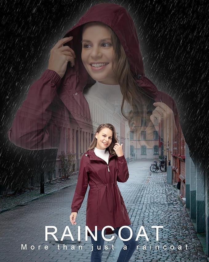 33,000ft Women's Waterproof Long Rain Coats Packable Rain Jacket with Hood Trench Coats Windbreaker