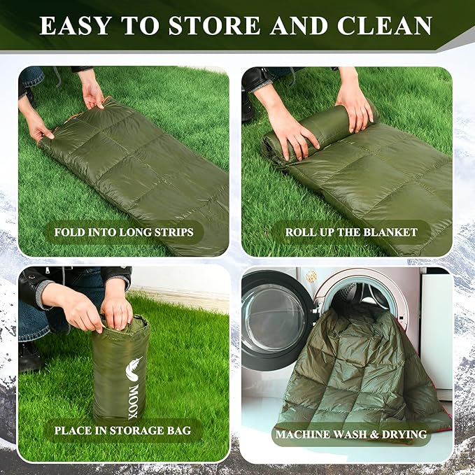 MOOX Down Camping Blanket Packable Backpacking Camping Quilt Outdoor Lightweight Warm Water Resistant Puffy Sleeping Bag Travel Hiking 55"x79" Waterproof Camp Throw Blanket, Green Orange