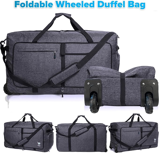 Bago Rolling Duffle Bag with Wheels - 27" 80L Foldable Weekender Bag, Waterproof Travel Duffel Bag, Heavy Duty Lightweight Duffle Bag for Traveling, Rolling Duffel Bag with Wheels (SnowBlack2023)
