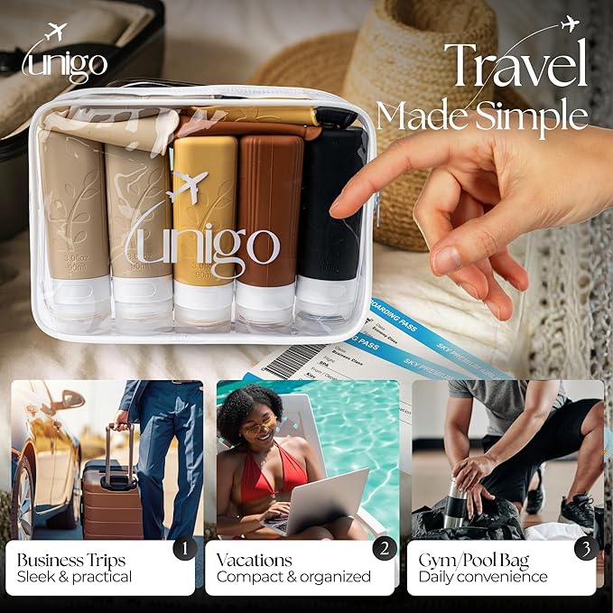 unigo Travel Bottles For Toiletries, 5-pack 3.oz TSA Aprroved Travel Size Bottles, Containers For Toiletries, BPA Free, Leak Prrof, Refillable Containers Bottles (Apricot)