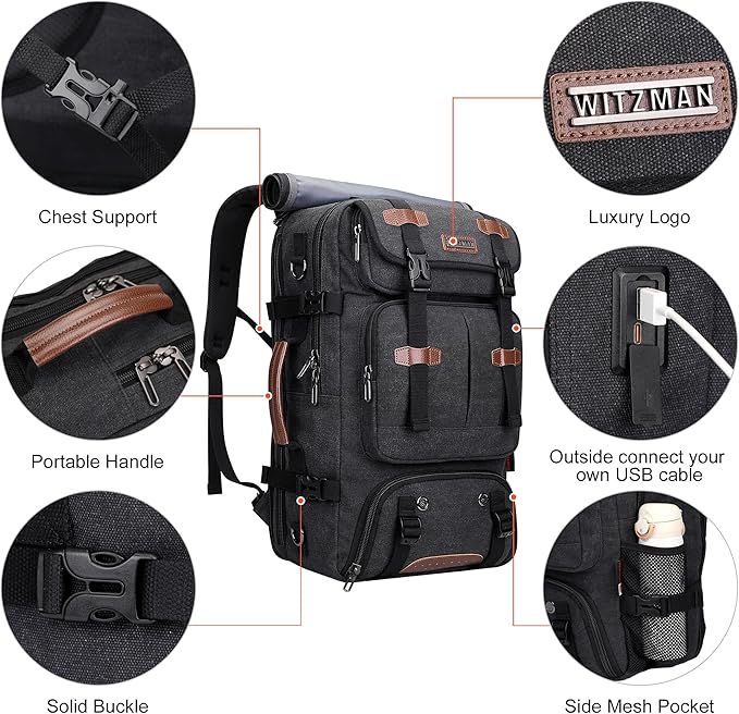 WITZMAN Travel Backpack for Men 40L Large Carry-on Airline Approved Convertible 3 in 1 laptop Bags Fit 17 inch(A8013 Black)