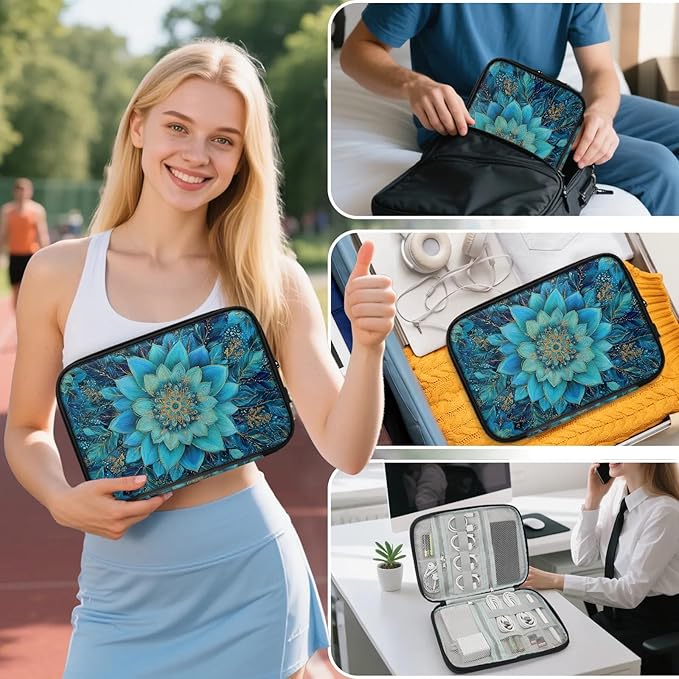 Cable Organizer Teal Mandala Flower Electronics Travel Organizer Case Tech Accessories Pouch Waterproof Cord Storage Bag for Power Bank Charger Phone Earphone