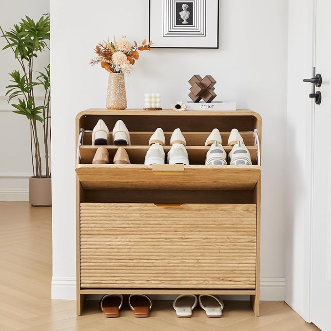 RARZOE Fluted Shoe Cabinet with 2 Flip Drawers, Narrow Curved Shoe Storage Cabinet for Entryway, Freestanding Wood Hidden Shoe Organizer Closed Shoe Rack Cabinet for Foyer, Hallway (29.5''Natural)