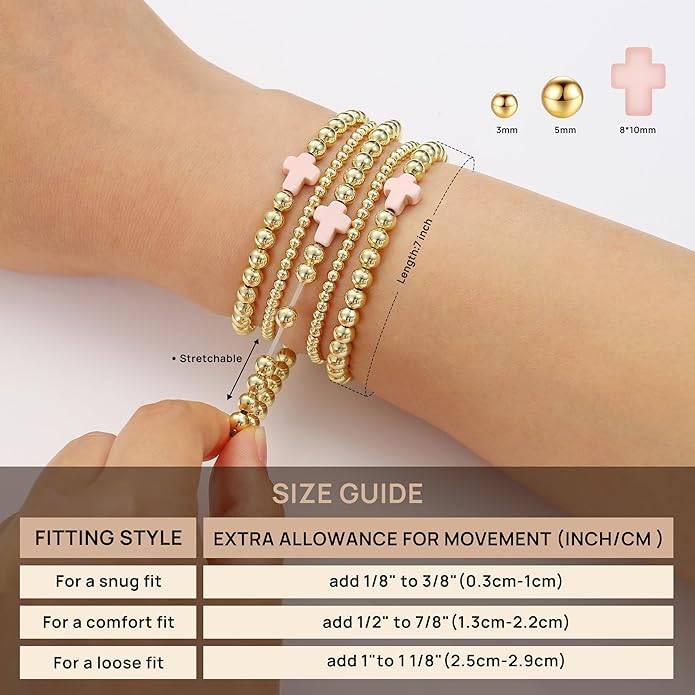 Yoosteel Gold Beaded Bracelets Set for Women Teen Girl Gifts Non Tarnish - 14K Gold Plated Dainty Round Bead Ball Pearl Cross Bracelet Stack for Women Teenage Girls Stackable Jewelry Christmas Gifts