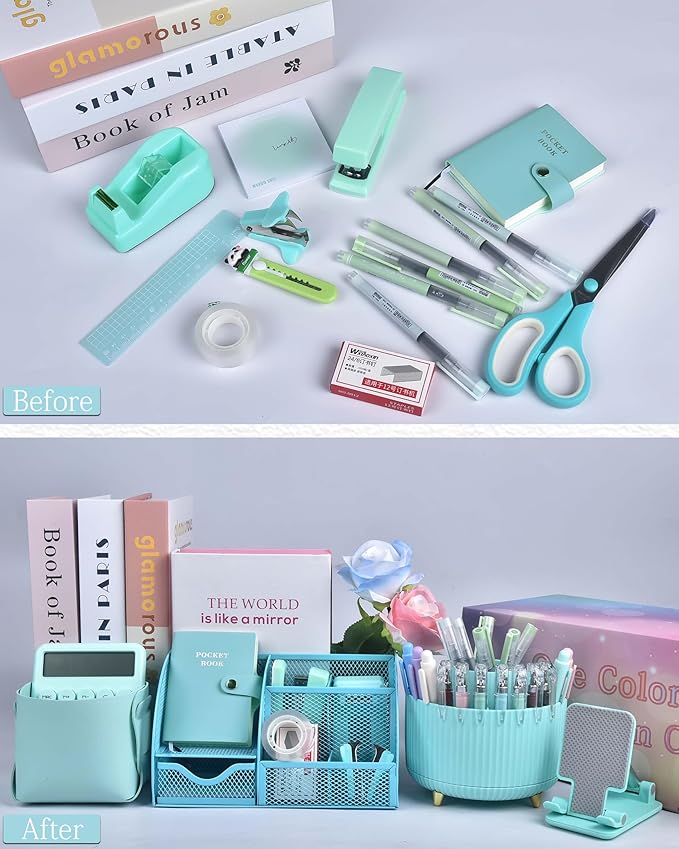 Green and Blue Desk Organizers and Accessories With Mesh Desk Organizer and 360°Rotating Pen Holder and a Lot of Office Green Office Supplies Beautifully Presented in a Gift Box Christmas Gifts