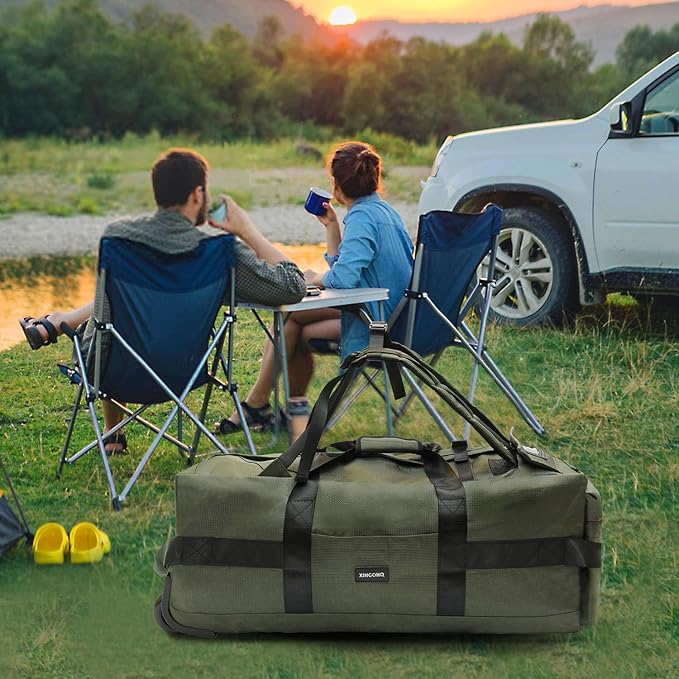 80L Rolling Duffle Bag with Wheels - Heavy-Duty 33.5" Foldable Duffel, Water-Resistant Wheeled Luggage with Shoulder Straps for Camping, Gym, Airplane(Green)