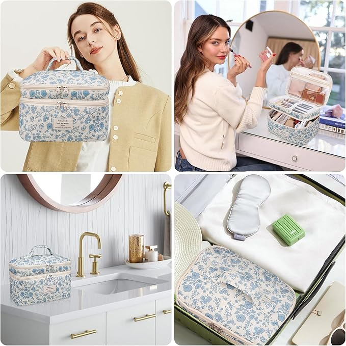 Makeup bag, Large Cosmetic Bag for Women Girls, Cute Quilted Makeup Bags, Floral Coquette Aesthetic Toiletry Bag, Travel Make Up Organizer Bag (Cherry)