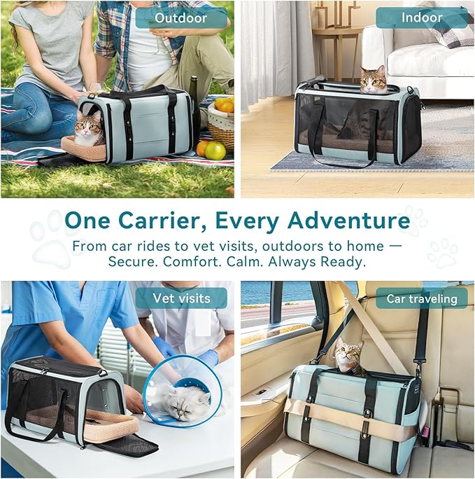 Petsfit 18 X 11 X 11 Airline Approved & Cat Car Carrier, with Patent Safety Buckles & Lockable Zippers Preventing Escapes, Breathable Mesh & Padded Mat — Portable, Stress-Free Travel Carrier