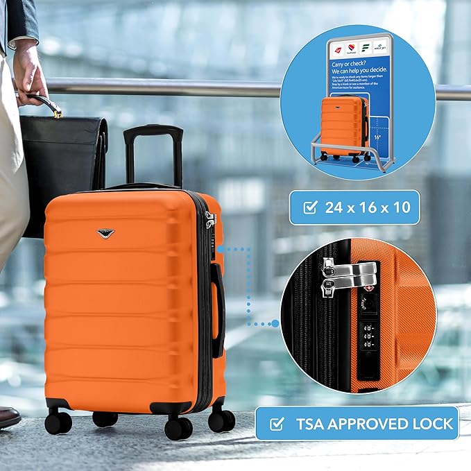 Flight Knight 24x16x10 Expandable Carry On Suitcase Hardside TSA Lock USB C Lightweight Luggage Silent Double Spinner Wheels Maximum Overhead Carry-On Bag For Virgin & South West Approved Airlines