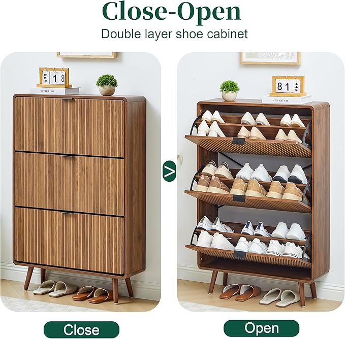 Slim 47" Fluted Shoe Cabinet with 3 Flip Drawers, Curved Hidden Shoe Cabinet Organizer, Narrow Shoes Storage Rack for Entryway (All Walnut-3 Drawers)