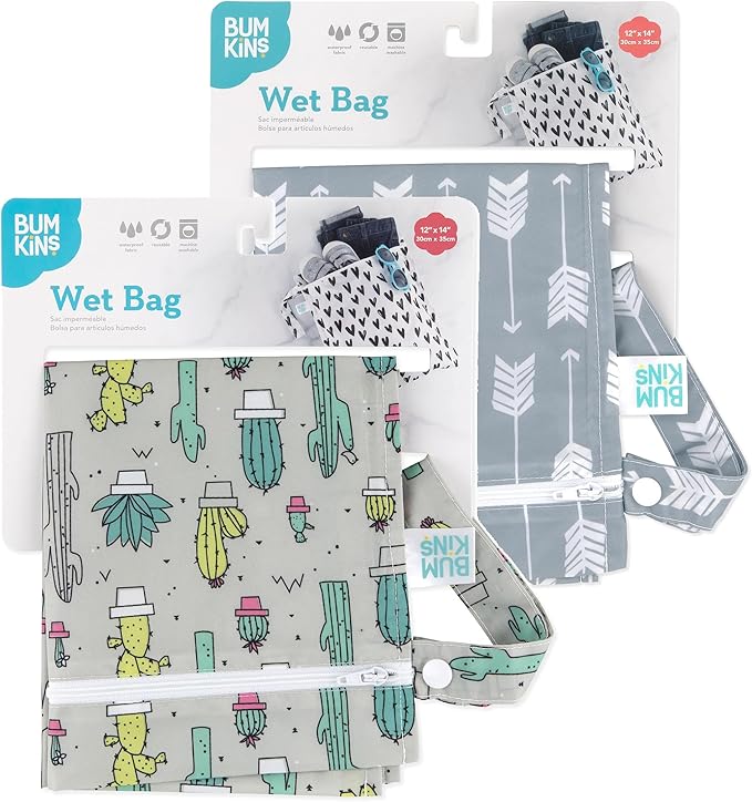 Bumkins - Waterproof Wet Bag - For Baby, Travel, Swim Suit, Cloth Diapers, Pump Parts, Pool, Gym, Toiletry, Strap to Stroller - Reusable & Easy to Clean - 2pk - Cactus & Arrows