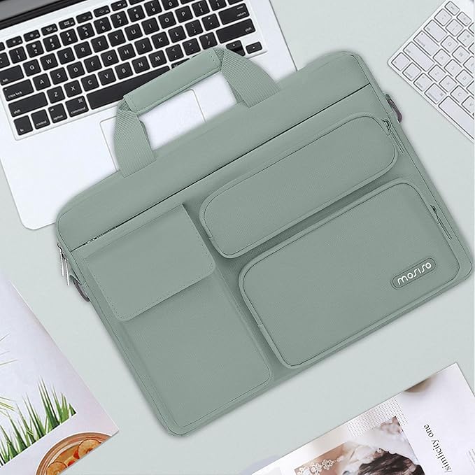 MOSISO Laptop Shoulder Bag 15.6 inch, 15-15.6 inch Computer Bag Compatible with MacBook Pro 16 inch, HP, Dell, Lenovo, Notebook with 2 Raised&1 Flapover&1 Horizontal Pocket&Handle&Belt, Antique Green