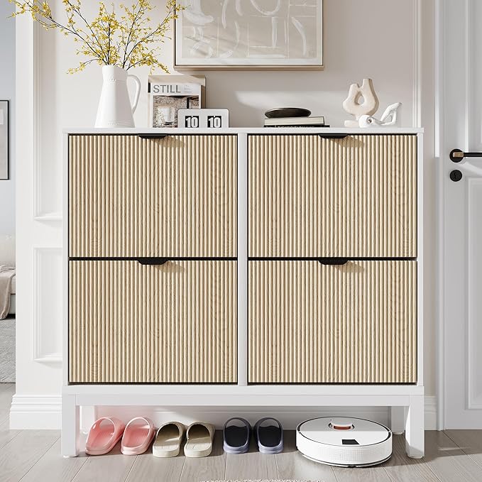 GAOMON Shoe Cabinet with 4 Flip Drawers, Entryway Cabinet with Adjustable Shelves, Accommodate 16 to 20 Pair of Shoes, Space-Saving Slim Shoe Cabinet for Entryway, Hallway, Front Door, White Oak