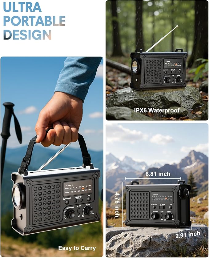 Upgraded Emergency Weather Radio - Hand Crank & Solar Powered, NOAA/AM/FM Radio with Weather Alert, Portable USB Charger, Flashlight, Reading Lamp, SOS for Home Emergency Kit, Camping & Outdoor Black