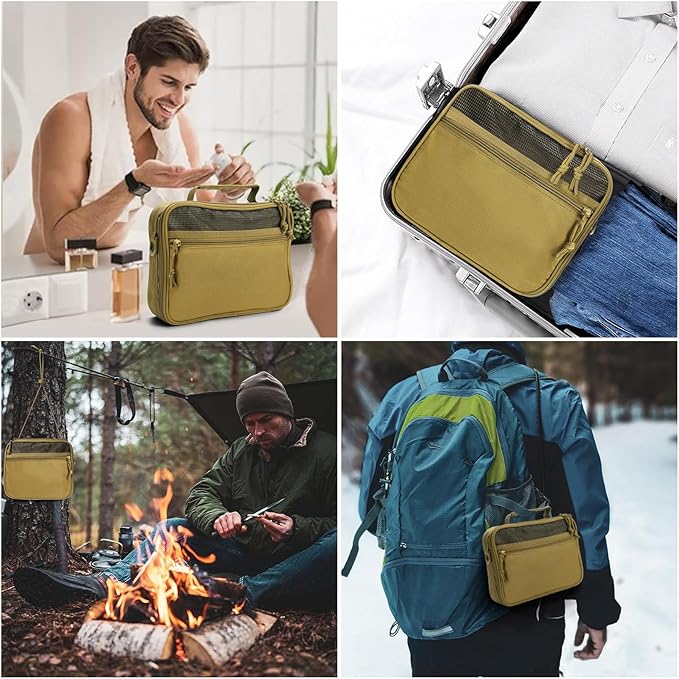 Toiletry Bag for Men Travel, Men's Hanging Toiletry Bag, Portable Dopp Kit Organizer with Hook - Shaving Bag, Tactical Travel Essentials Khaki(No molle)