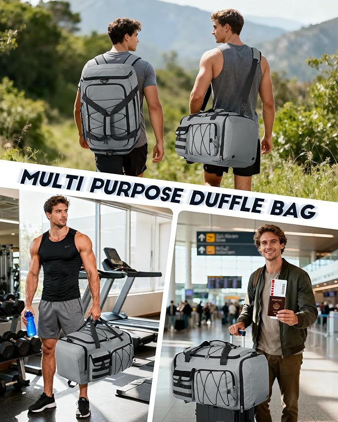SDYSM Gym Bag for Men 45L Sports Duffel Bags 3-in-1 Travel Duffel Bag with Shoe Compartment, Gym Workout Backpack Carry On Weekender Bag Overnight Bag for Travel, Grey