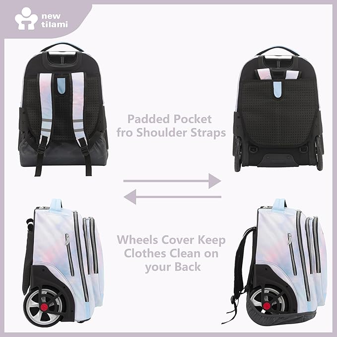 NEW TILAMI 20" Rolling Backpack for Teens Adults, Climbing Stairs Waterproof Backpack with Wheels for School Business Trave Camping with Laptop Compartment, Fit 17 Inch Laptop, Pink Blue