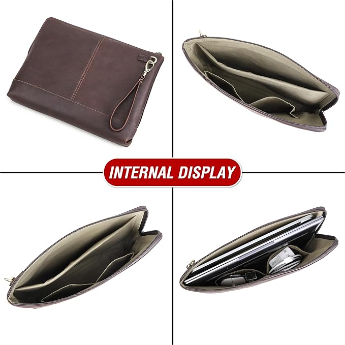 Top Grain Leather 14.2" Slim Laptop 90° Zipper Bag, Removable Wristlet & 4 Pockets, Compatible with 2024 MacBook Pro 14.2" M1 M2 M3 M4 Pro/Max A2442 & Other Laptop, Red Coffee 14.2 Inch