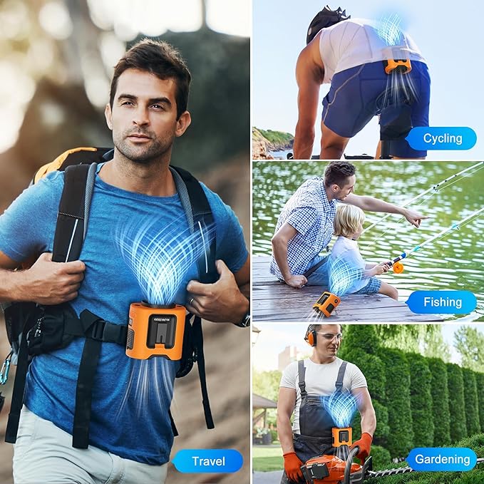10000mAh Portable Waist Clip Fan, 40H Cooling Personal Wearable Fan, 5 Speeds 16000RPM Strong Belt Fan, Rechargeable Hands-free Neck Fan With Flashlight for Outdoor Jobsite Camping Traveling (Orange)