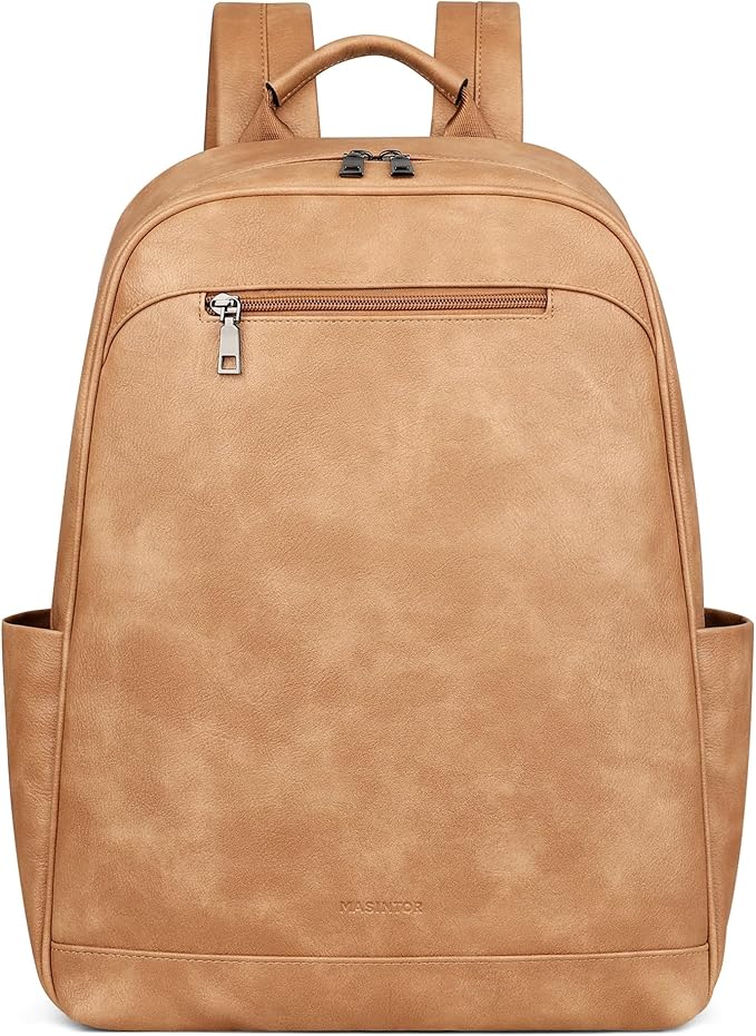MASINTOR 15.6 inch Leather Laptop Backpack Purse for Women, Designer Travel and Work Bag with Laptop Compartment Retro Camel