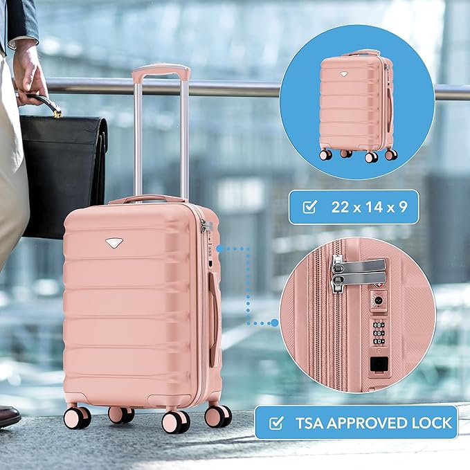 Flight Knight 22x14x9 Expandable Carry On Suitcase Hardside TSA Lock USB C Port Lightweight Luggage Silent Double Spinner Wheels Maximum Overhead Carry-On Bag For American & United Approved Airlines
