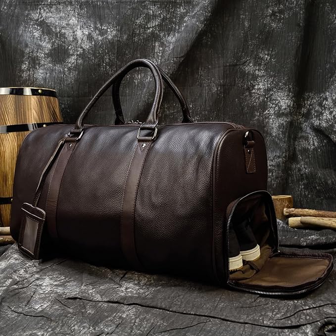 Leather Travel Bag Large Capacity Luggage Duffel Bag with Shoe Compartment, Men Women Weekend Shoulder Handbag for Holiday Business Trip (55cm-Brown)