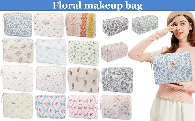 Floral Makeup Bag, Cute Cosmetic Bag for Women Girls, Quilted Cotton Make up Pouch, Travel Makeup Bags, Portable Storage Toiletry Organizer Bag(Blue Floral)