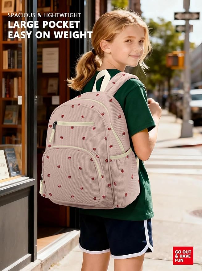 Corduroy Kids Backpack for Girls, Girls Backpack 5-9, Kindergarten Elementary School Bookbag for Girl 15.3" H Fit Folder
