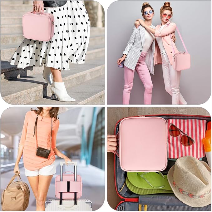Travel Makeup Bag Organizer, 10.2 Inches Portable Makeup Train Case Cosmetic Brush Artist Storage Bag with Adjustable Dividers and Shoulder Strap (Pink)