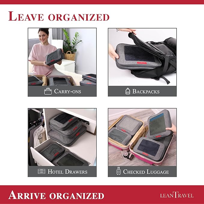LeanTravel Compression Packing Cubes for Travel Organizers with Double Zipper (3-Pack (2L+1M), Grey)