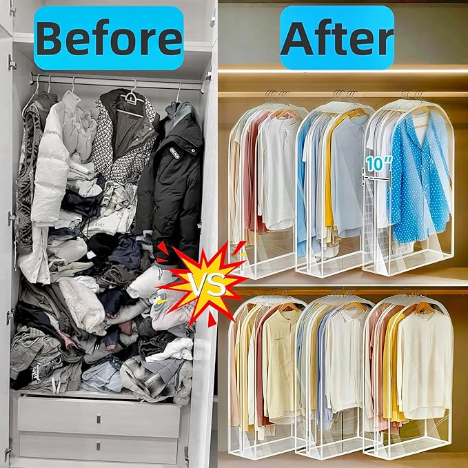 6 Pack Clear Garment Bags for Hanging Clothes 10”Gusseted, Suit Bags for Closet Storage, Hanging Plastic Clothes Cover for Coat, Dress, Fur, Shirt(24x10x40In)