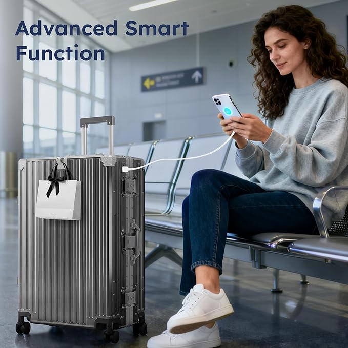 ALPHA CAMP Checked 28 Inch Luggage, Thickened Aluminum Frame Luggage with TSA Spinner Wheels, 3-Layer PC Hard Shell Zipperless Lightweight Travel Suitcase, TypeC USB Charging Port, Cup Holder Grey