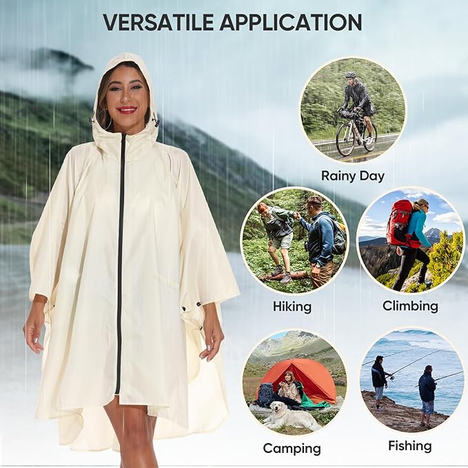 PTEROMY Hooded Rain Poncho for Adult with Pocket and Zipper, Waterproof Lightweight Raincoat for Men and Women