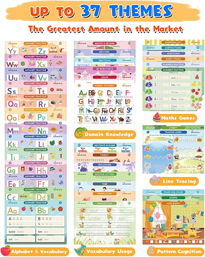 Preschool Learning Activities, 37 Themes Tracing Activity Books Ages 3-8, Toddler Handwriting Practice, Letter Tracing, Kindergarten Workbooks, Travel Game for Trip, Christmas Birthday Gifts