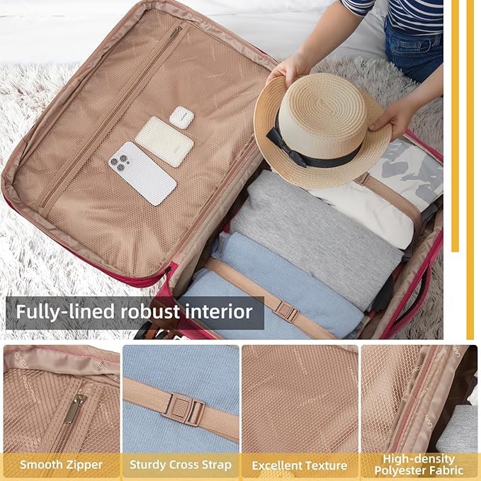 LARVENDER Luggage Sets 4 Piece, Softside Carry On Luggage Suitcase Set with 360° Spinner Wheels for Women Men(32/28/24/20) Rose Red