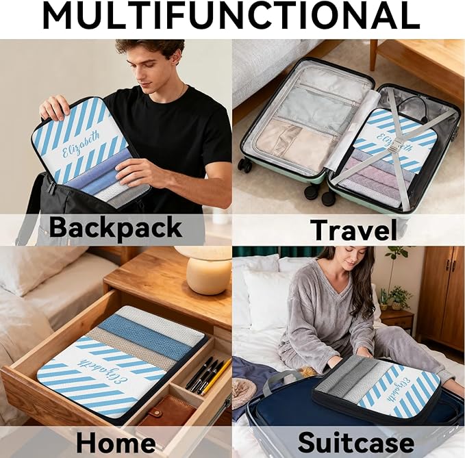 Custom 6 Set Compression Packing Cubes with Name Striped Personalized Compressible Expandable Packing Organizers Luggage Carry On Suitcase Bags Travel Accessories Gifts, Light Blue