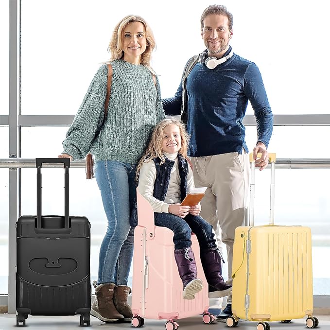 smilesun 20" Carry On Luggage with Seat For Kids & Adults,Hardside Ride On Suitcase Front Opening with 360°Spinner and TSA Lock For Travel (Pink with Front Open, 20")