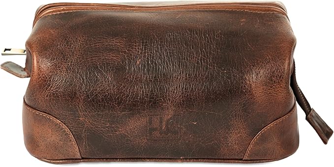 HLC Leather Toiletry Bag for Men Best Gift Premium Genuine Dopp Kit Shaving Kit Organizer Travel Kit Pouch Bag 10 inch Size (Brown)