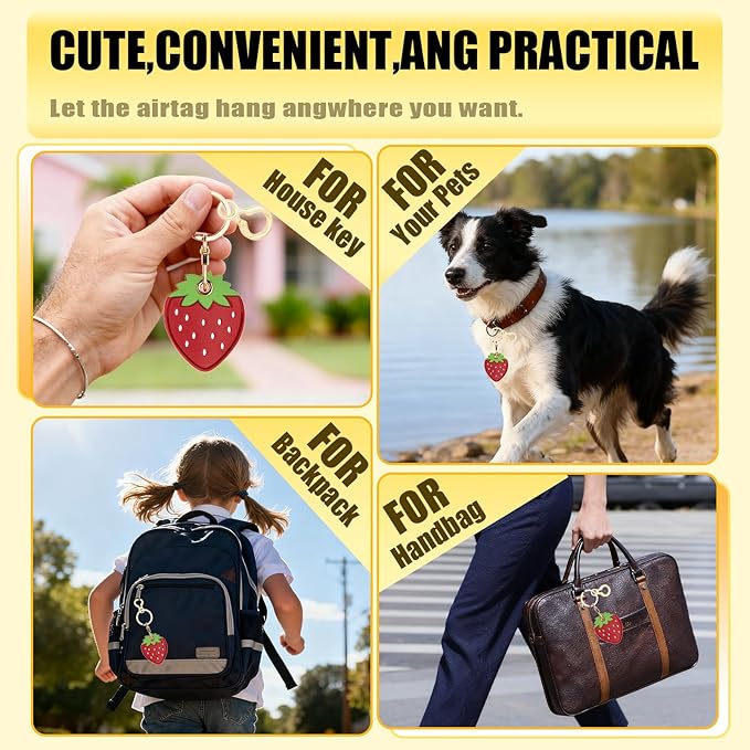 Leather Keychain for Airtag, Cute Protective Keychain Holder Compatible with Apple Air Tag,GPS Item Tracker Case Cover for Keys,Bags,Pets,Luggage(Strawberry)