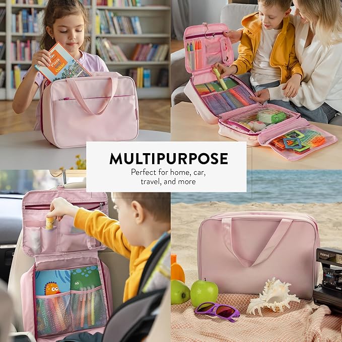 Kids Travel Organizer – Multi-Compartment, Water-Resistant Hanging Bag for Toys, Snacks, & Activities - Compact, Lightweight Design with Hook & Carry Handle - Perfect for Travel Use (Pink, Large)
