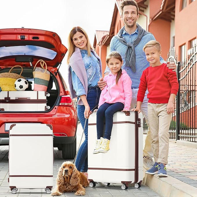 Merax Luggage Set, 3 Piece Luggage with Cosmetic Case, Vintage Hardcase Suitcase with Wheels, Expandable Luggage Airline Approved(White,20"+24"+28")