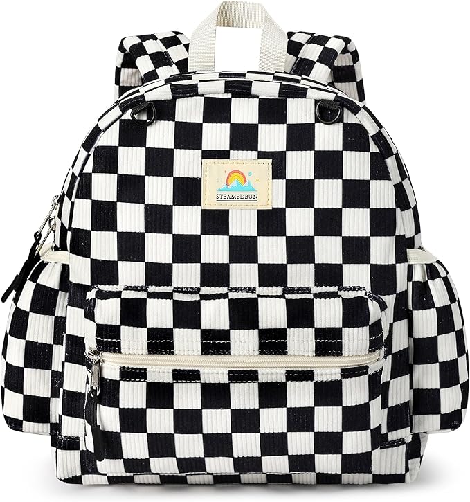 STEAMEDBUN Corduroy Toddler Backpack for Boys 2-4: Kids backpack for Boys Girls - 12 inch Preschool Kindergarten Backpacks - Checkered