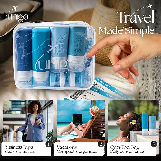 unigo 30pack Full Set TSA Approved Travel Bottles for toiletries, Travel Size Containers for Toiletries, Refillable Leakproof Shampoo and Conditioner Bottles, Toiletry Containers (Blue)