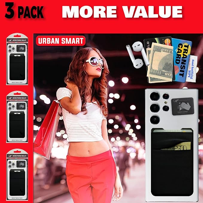Gecko Travel Tech Double Pocket - Adhesive Card Holder - Cell Phone Pouch - Stick on Spandex Pocket - Carry Credit Cards and Cash (3 PACK - -BLANK- BLACK)