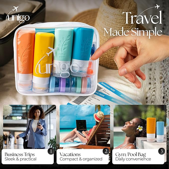 Unigo 30-Pack Full Set Multicolor B Travel Bottles, Refillable Leakproof Travel Shampoo and Conditioner Bottles, Toiletry Containers, Extra Bottle Sleeves (B Set) for Traveling