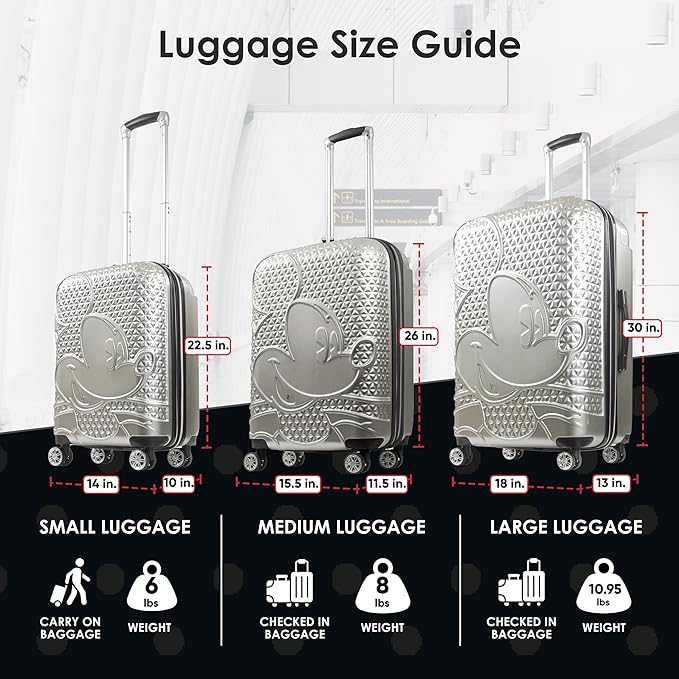 FUL Disney Mickey Mouse 22 Inch Carry On Luggage, Hardshell Rolling Suitcase with Spinner Wheels, Silver